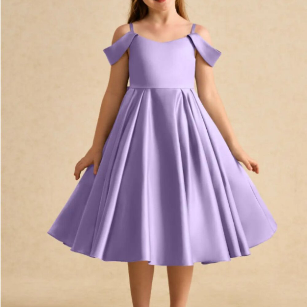 Azazie Favia Lilac A Line Dress Girls 4 Off the Shoulder Matte Satin Flower Girl